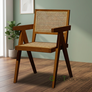 Chaise de salle à manger convertible minimaliste en teck, best-seller, avec tressage en rotin, pour hôtel, restaurant, villa, usage intérieur et extérieur - Product Image 2