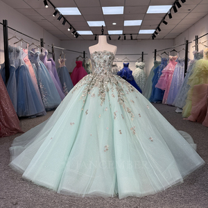 ชุดเดรสออกงานสีเขียวมิ้นท์ประดับเลื่อมลายดอกไม้หวานๆ สำหรับงาน Quinceanera, งานพรอม, งานฉลองอายุ 16 ปี, ทรงบอลกาวน์พร้อมชายกระโปรงยาว - Product Image 4