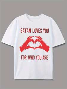 T-shirt a maniche corte con stampa a cuore a tema diavolo, unisex, taglie forti, stile americano, design con lettere graffiti, girocollo, in jersey di cotone - Product Image 3