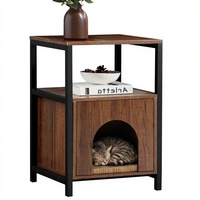 Table de chevet pour chat 3 niveaux style Mid-Century avec bac à litière dissimulé, cadre en métal noir, table de chevet en bois OEM ODM