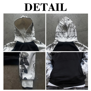 Sweat-shirt à capuche en coton patchwork streetwear personnalisé pour homme, manches oversize, imprimé crâne, pull-over, OEM ODM, vente en gros - Product Image 6