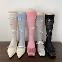 Chaussettes mi-mollet pour femme, style rétro, avec nœud perlé et strass scintillants, en coton absorbant la transpiration, fines et amincissantes pour l'été