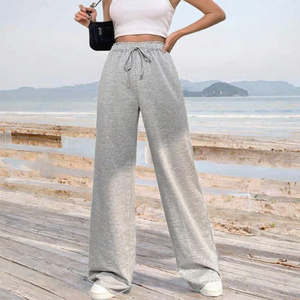 Women's Wide Leg <b>Pants</b> High Waist Loose Fit <b>Drawstring</b> Casual Solid Gray Full Length Knitted Cotton Trousers Autumn Wear - Product Image 3