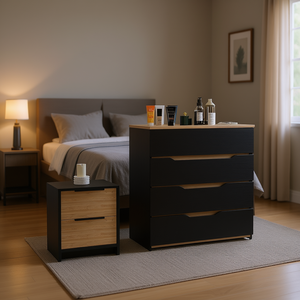 Set Camera da Letto Medella 2 Pezzi in Pino Nero e Rovere Chiaro, Comodino e Cassettiera dal Design Moderno per Arredamento Camera da Letto - Product Image 2