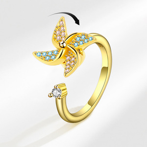 Anillos giratorios con diseño de molino de viento, ajustables, con microincrustaciones de circonita azul y rosa, chapados en oro sobre cobre, joyería para aliviar la ansiedad para niñas - Product Image 2