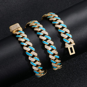 Nouvelle chaîne cubaine <span class=keywords><strong>Miami</strong></span> en or bleu avec effet goutte d'huile, 12 mm de large, style hip-hop tendance, chaîne à maillons cubains pour hommes et femmes - Product Image 4