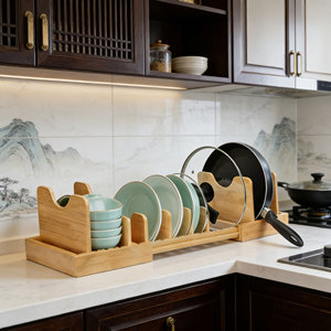 <span class=keywords><strong>Pentole</strong></span> e padelle in bambù espandibili Organizer sotto gli organizzatori di armadietti per riporre i <span class=keywords><strong>coperchi</strong></span> regolabili - Product Image 5