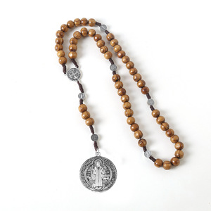 Collier Croix Crucifix en Bois Fait Main, Chapelet <span class=keywords><strong>de</strong></span> <span class=keywords><strong>Prière</strong></span> avec Perles, Charme Saint Benoît Vierge Marie, Bijoux Religieux Catholiques - Product Image 2
