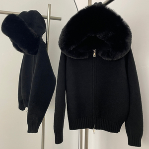 OFTBUY jaket rajut hangat untuk wanita, mantel rajut lembut musim dingin bulu palsu ritsleting pendek bertudung, jaket Sweater kasual ramping elegan untuk wanita - Product Image 3