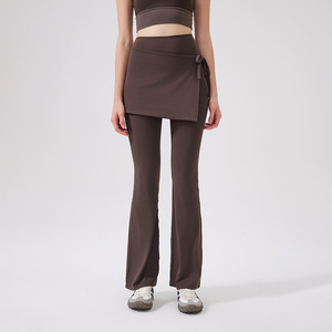En gros, Pantalon de yoga évasé 2-en-1 pour femme, taille haute, extensible, uni, respirant, effet ventre plat, avec jupe intégrée, pour Pilates - Product Image 1