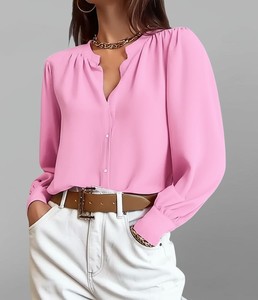 Chemisier en mousseline de coton tissé rose 100 % coton pour femme, col rond, boutonné, manches ballon trois quarts, élégant, uni, décontracté, vente en gros - Product Image 5