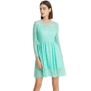 Gaun wanita Linen kasual desainer gaun warna hijau Mint renda kantor desain leher bulat
