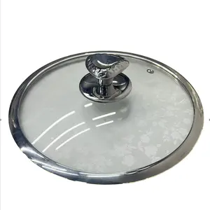 批发定制T型钢化玻璃盖，带心形不锈钢盖旋钮，用于烹饪锅煎锅盖