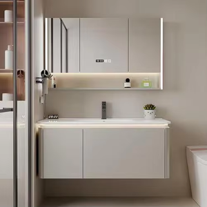 Meubles de salle de bain en bois massif blanc moderne, design gratuit d'usine, meubles de salle de bain à poser au mur, lavabo simple - Product Image 4