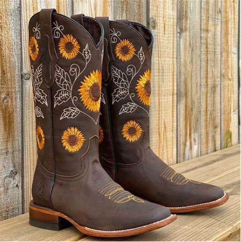 Amazon.com: Botas vaqueras para mujer, estilo vintage, bordadas, con  flores, tacón grueso, botas elegantes y cómodas hasta la rodilla : Ropa,  Zapatos y Joyería