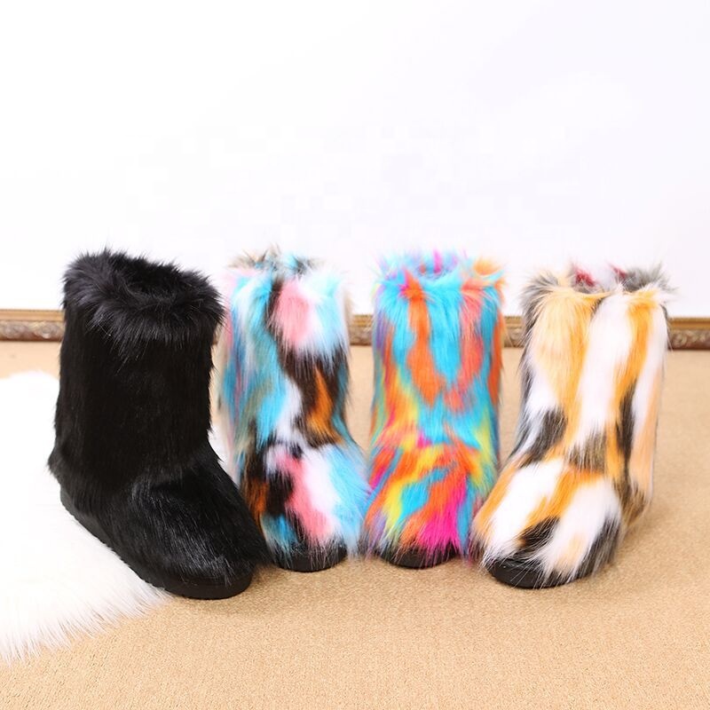 Зимние женские меховые сапоги, цветные пушистые длинные зимние сапоги из искусственного лисьего меха, пушистые сапоги Красного, коричневого цветов для девушек и взрослых, 2022