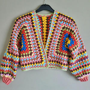 Cardigan en coton fait main à motifs floraux vintage, modèle <span class=keywords><strong>granny</strong></span> square au <span class=keywords><strong>crochet</strong></span>, tricot surdimensionné pour femmes, personnalisable OEM ODM - Product Image 3