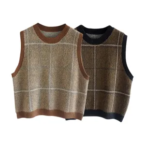 Wool Mohair Blend V Neck Plaid Contrast Jacquard Sleeveless Knitted Sweater Vest For Women
