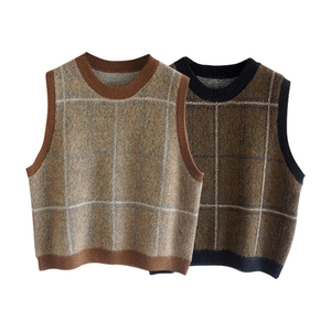 <span class=keywords><strong>Laine</strong></span> Mohair Blend Col V Plaid Contraste Jacquard Sans Manches Pull Tricoté Gilet pour Femmes - Product Image 1
