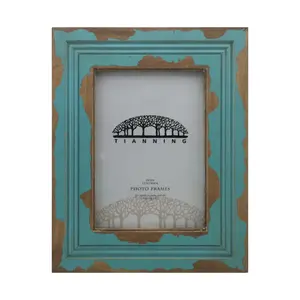 Whole sale peeling paint white and worn blue color pine wood picture frames for office deco A4 A5 photo frames