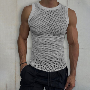 Chaleco sin mangas de punto calado para hombre, cuello redondo, ajuste ceñido, estilo camiseta sin mangas, color liso, malla, blanco roto, gris, negro, tallas M L - Product Image 3