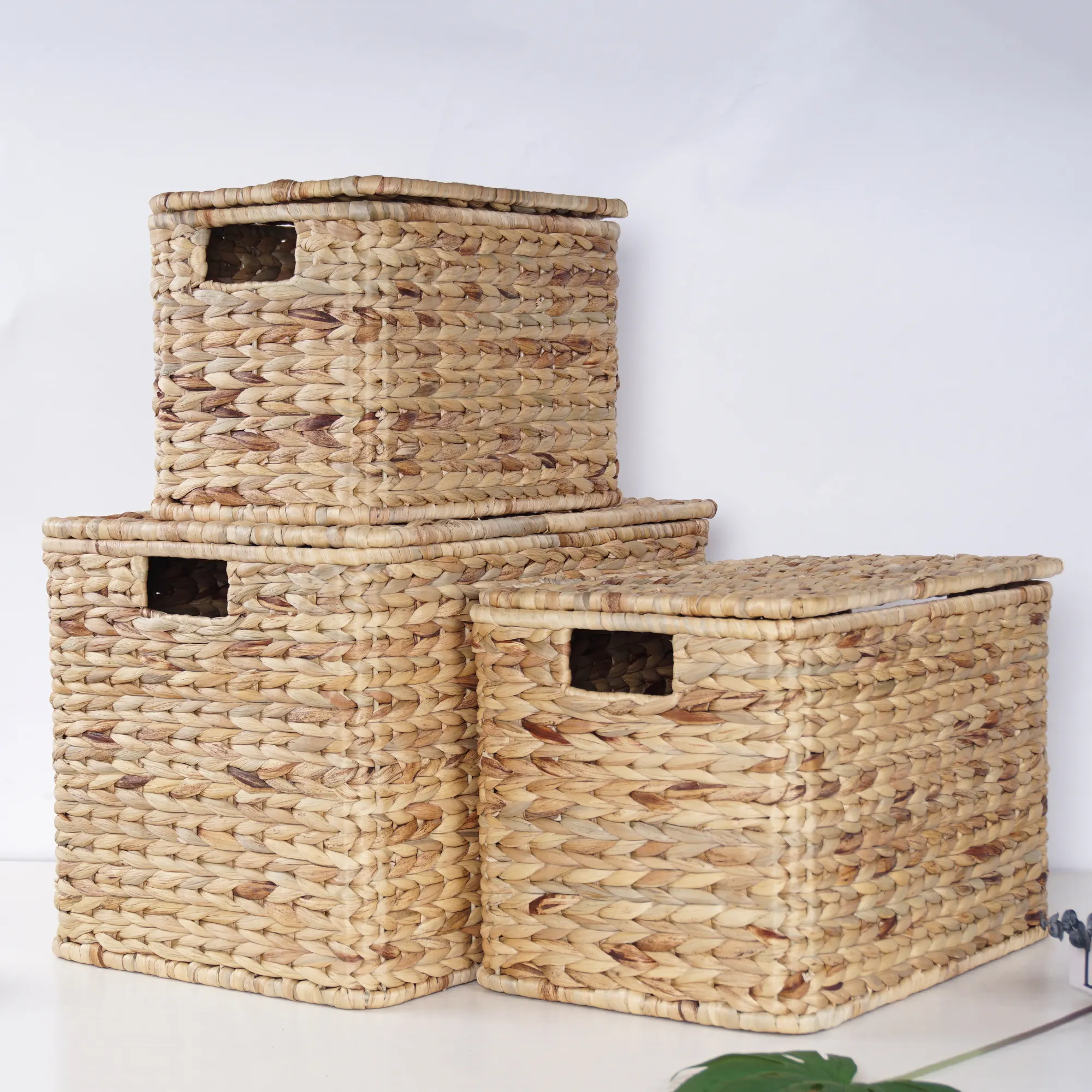Xh conjunto de 3 retangular água hiacinth, decorativo, malas de armazenamento, tecido a mão
