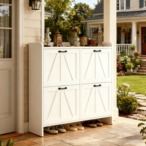 White Modern Fence Shoe Cabinet 4 Flip <b>Drawers</b> Space Saving Entryway Organizer for Living Room - Product Image 3