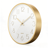 Elegante Reloj de Pared Moderno con Marco Metálico Dorado de 12 Pulgadas, Números 3D, Movimiento Silencioso de Cuarzo, Funciona con Batería, Ideal para Interiores de Hotel