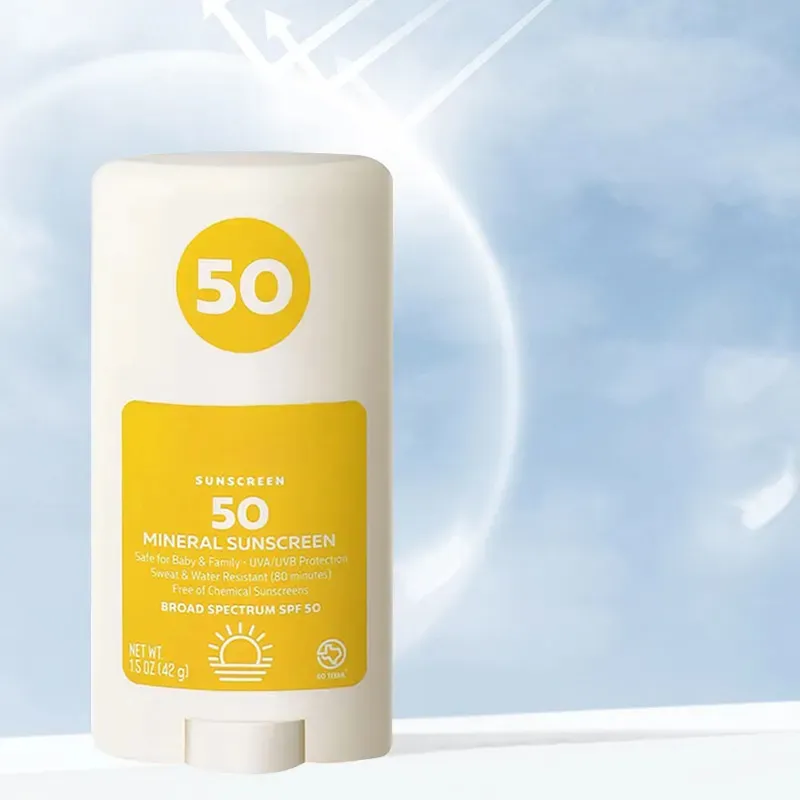 Krim Sunscreen Stick penyegar udara, Label pribadi OEM pengiriman cepat tabir surya SPF 50 Vitamin E ekstrak tahan air 500 buah