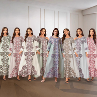 Abaya Maxi Kaftan Musulmane Multicolore à Col Montant en Polyester Imprimé Floral avec Strass, Légère, Respirante et Infroissable pour Adultes
