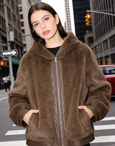 Giacca Bomber da Donna in Ecopelliccia Marrone Senza Cuciture con Cappuccio, Lavorazione Squisita, Fodera in <span class=keywords><strong>Camoscio</strong></span>, <span class=keywords><strong>Cappotto</strong></span> Invernale - Product Image 4