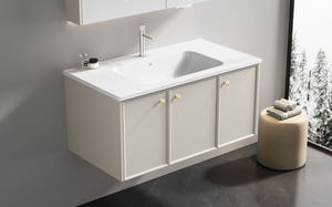 Mueble de <span class=keywords><strong>Baño</strong></span> Flotante de Acero Inoxidable de Lujo, Color Blanco Cálido, con Triple <span class=keywords><strong>Espejo</strong></span> Deslizante, Tiradores Dorados y <span class=keywords><strong>Luz</strong></span> LED para <span class=keywords><strong>Baño</strong></span> Principal - Product Image 3