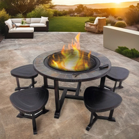Portable 1 Table & 4 Tabourets Patio Mobilier de Jardin Extérieur Ensemble avec Bois Brûlant Sans Fumée Foyer Table À Manger et Barbecue Grill