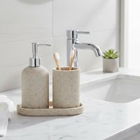 Ensemble d'accessoires de salle de bain en résine texturée beige mat de haute qualité, 3 pièces, avec distributeur de savon, gobelet et plateau organisateur
