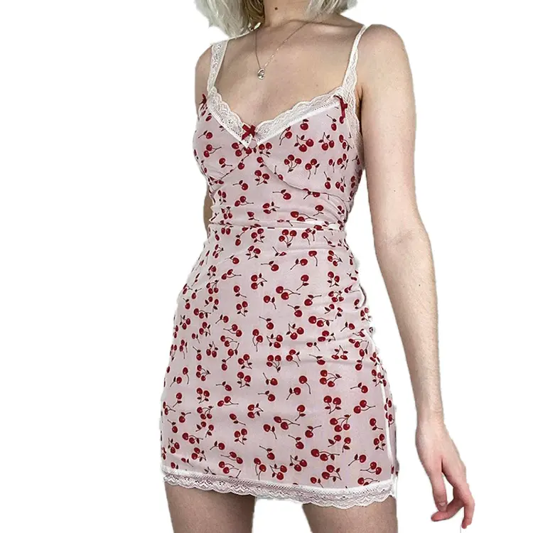 Phong cách ngọt ngào trượt thiết kế cảm ứng tùy chỉnh Mini Dress với Cherry in phù hợp xuất sắc phụ nữ trang phục