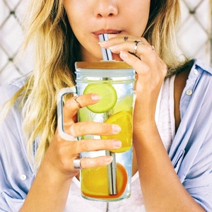 Reusable Boba Cup Smoothie <strong>Tumbler</strong> and Glass <strong>Mason</strong> <strong>Jar</strong> for Bubble Tea and Iced Coffee with Bamboo Lid Stainless Steel Straw - Product Image 2