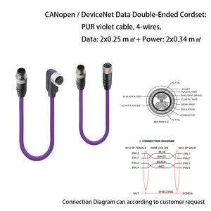 Кабельный комплект M12 CANopen DeviceNet, фиолетовый PUR, 5-полюсный, 4-жильный, экранированный, полностью настраиваемый, любой длины, сделано в Китае, 100% протестировано - Product Image 1