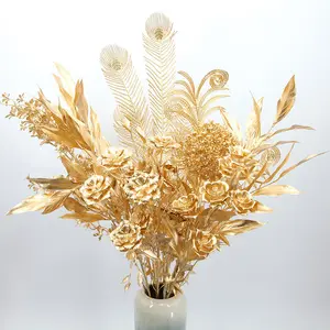 Artificial Flower Plastic Material Gold Eucalyptus Leaf Artificial Christmas Leaf For Holiday Decoration Flower Wholesale