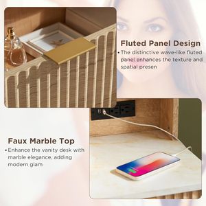 Bàn trang điểm có gương lớn và đèn, bàn trang điểm hiện đại mặt kính lớn với 5 ngăn kéo & kệ có thể điều chỉnh - Product Image 4