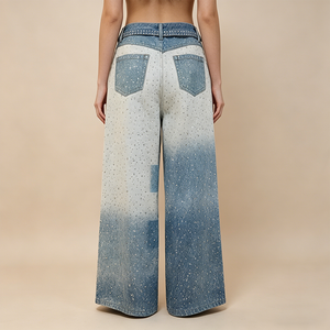 Fabricante <span class=keywords><strong>de</strong></span> Jeans <span class=keywords><strong>de</strong></span> Mujer <span class=keywords><strong>de</strong></span> Pierna Ancha con Diseño Personalizado, Pantalones Vaqueros Rectos Estilo Boyfriend con Lavado Degradado y Adornos <span class=keywords><strong>de</strong></span> Pedrería, ODM - Product Image 4