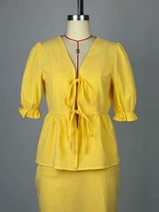 Women's Summer New <b>Bubble</b> Sleeve V-neck Tie <b>Tops</b> High Waisted Skirt 2 Piece Set Fashion - Product Image 4