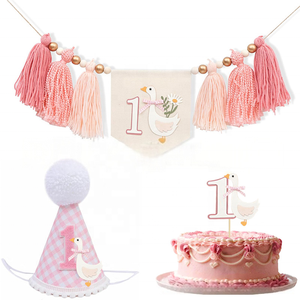 Set de Decoración de Cumpleaños con Cuentas de Madera y Borlas, Diseño de Ganso Blanco, para Niños de 1 Año, Navidad, Duradero, 3 Piezas/Set, Adorno para Pastel y Gorro de Cumpleaños - Product Image 2