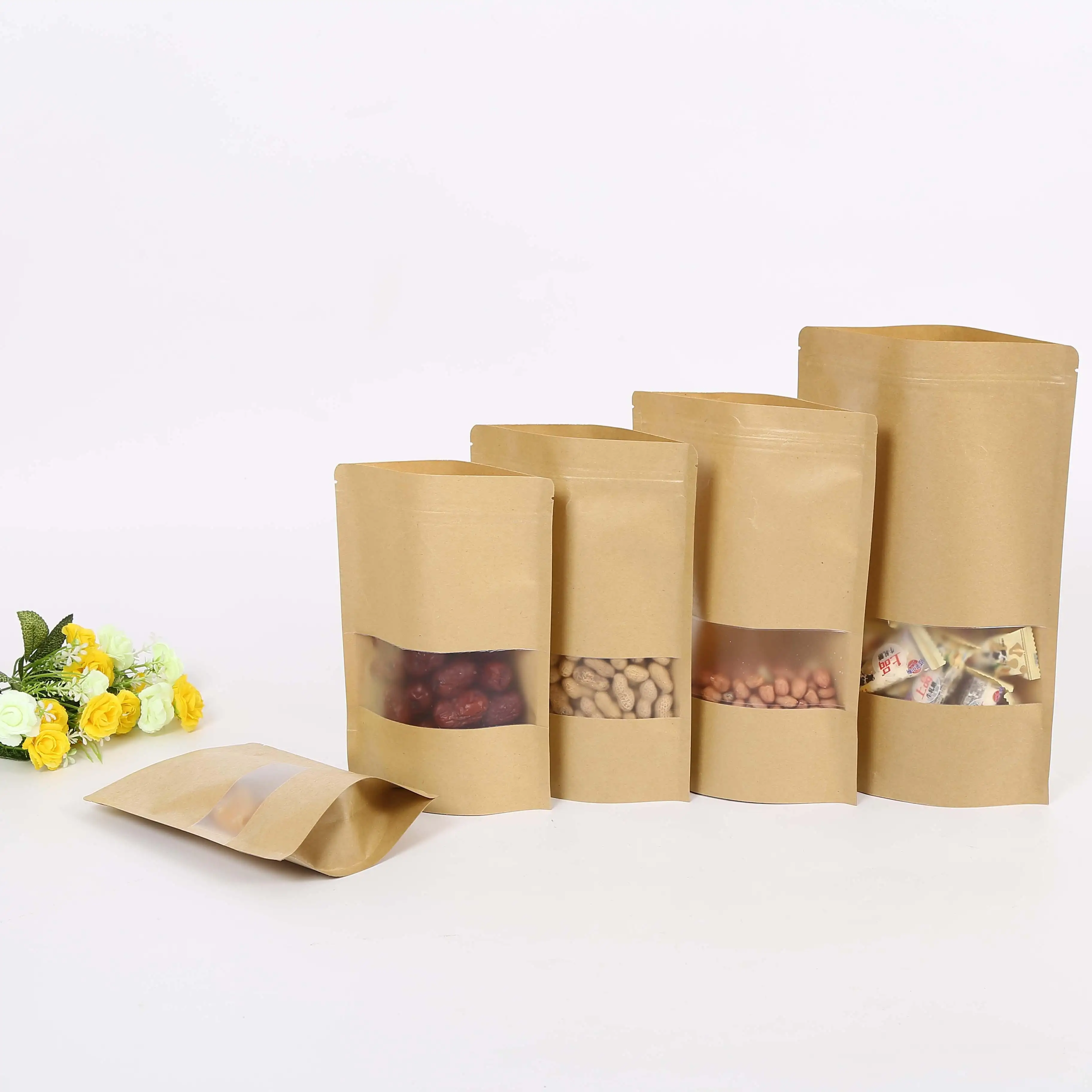 Stand Up White Kraft Paper Reclosable Ziplock Plain Heat Seal Filter Popcorn Paper Bread Tea Bags With Window
