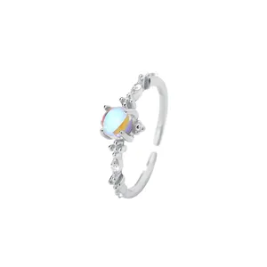 Moyu Wholesale Silver Waterproof Rings 925 Sterling Jewellery Gold Plated Zircon Rainbow Moonstone Ring Opening
