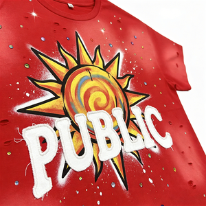 Camisetas de hombre personalizadas con apliques, efecto desgastado, lavado ácido, pedrería, vintage, cortas, con efecto descolorido por el sol y corte holgado - Product Image 2