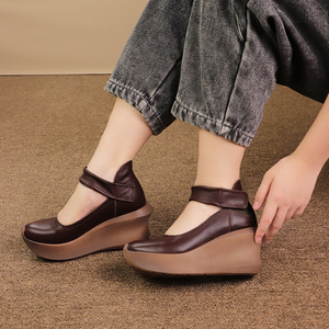 Sandalias de cuña de piel de vaca para mujer, calzado personalizado de moda, material de lujo, primera capa, piel auténtica, venta al por mayor - Product Image 6