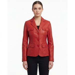 Wholesale Women Red <b>Leather</b> <b>Blazer</b> Slim Fit Four Pocket Suit <b>Jacket</b> Custom Button Up Corporate Outerwear Supplier - Product Image 1