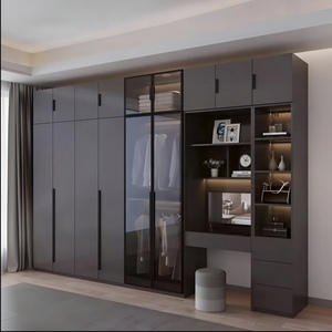 Elegante Armario de Alta Gama para Ropa, Armario de Madera para Dormitorio, Mueble Modular Gris Oscuro con Puertas de Vidrio y Área de Vanidad - Product Image 1
