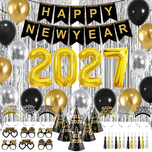 Kit de Artículos para Fiesta de Nochevieja, <span class=keywords><strong>Feliz</strong></span> <span class=keywords><strong>Año</strong></span> Nuevo 2027, Pancarta, Letras de Látex, Gorro de Papel Metálico, Gafas, Diadema, Borlas, Cortina, Decoración - Product Image 1