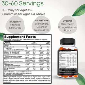 Complément alimentaire multivitaminé en gommes pour enfants et adolescents, biologique, soutien immunitaire et digestif, 12 vitamines et minéraux, fraise, citron, orange - Product Image 2